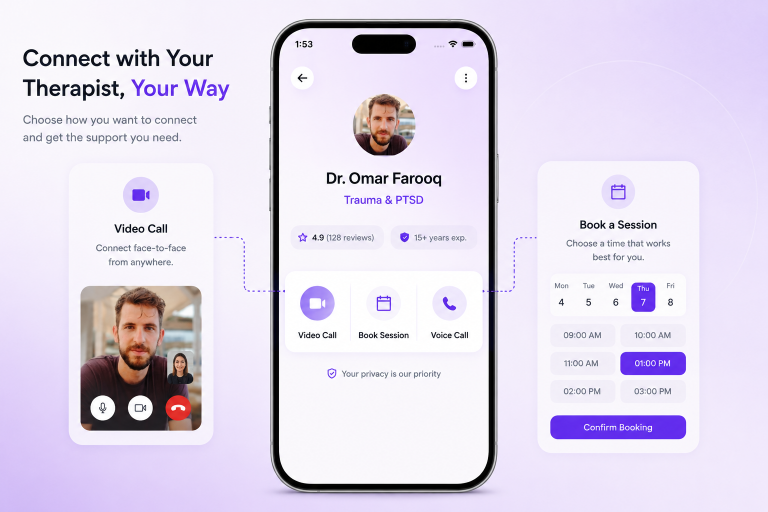 HealAi therapist connection video call messaging and booking